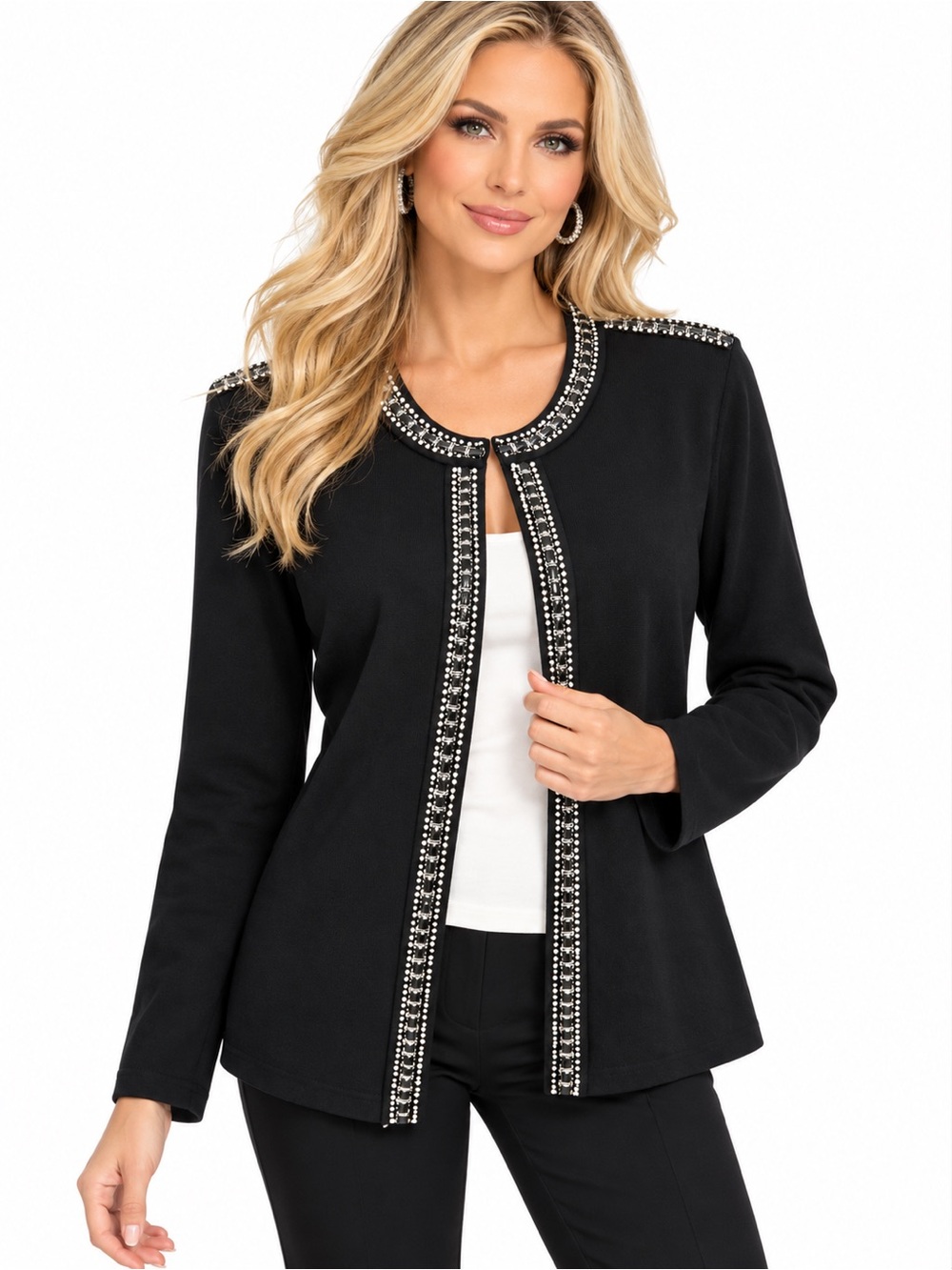 Peter Nygard Petites L Black Embellished Rhinestone Open Front Cardigan Jacket